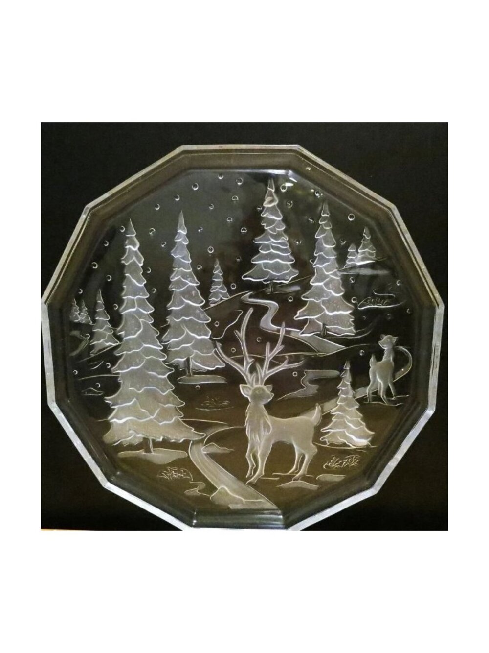 Ranmaru Glass Serving Platter Winter Forest 14" Reindeer Christmas Tree Japan